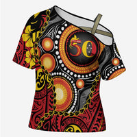 Celebrating 50 Years Papua New Guinea Cross Shoulder Shirt Aboriginal Mix Papuan Pattern LT14 Female Red - Polynesian Pride