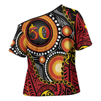 Celebrating 50 Years Papua New Guinea Cross Shoulder Shirt Aboriginal Mix Papuan Pattern LT14 - Polynesian Pride