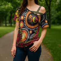 Celebrating 50 Years Papua New Guinea Cross Shoulder Shirt Aboriginal Mix Papuan Pattern LT14 - Polynesian Pride