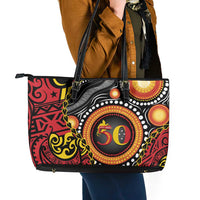 Celebrating 50 Years Papua New Guinea Leather Tote Bag Aboriginal Mix Papuan Pattern - Polynesian Pride