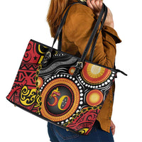 Celebrating 50 Years Papua New Guinea Leather Tote Bag Aboriginal Mix Papuan Pattern - Polynesian Pride