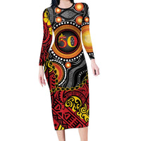 Celebrating 50 Years Papua New Guinea Long Sleeve Bodycon Dress Aboriginal Mix Papuan Pattern - Polynesian Pride