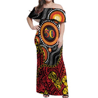Celebrating 50 Years Papua New Guinea Off Shoulder Maxi Dress Aboriginal Mix Papuan Pattern LT14 Women Red - Polynesian Pride