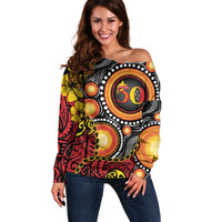 Celebrating 50 Years Papua New Guinea Off Shoulder Sweater Aboriginal Mix Papuan Pattern - Polynesian Pride