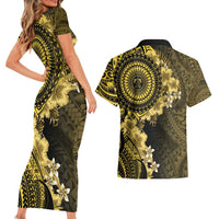 Vanuatu Couples Matching Short Sleeve Bodycon Dress and Hawaiian Shirt Hibisus Polynesian Pattern Gold - Polynesian Pride