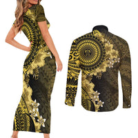 Vanuatu Couples Matching Short Sleeve Bodycon Dress and Long Sleeve Button Shirt Hibisus Polynesian Pattern Gold - Polynesian Pride