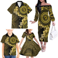 Vanuatu Family Matching Off The Shoulder Long Sleeve Dress and Hawaiian Shirt Hibisus Polynesian Pattern Gold - Polynesian Pride