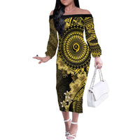 Vanuatu Family Matching Off The Shoulder Long Sleeve Dress and Hawaiian Shirt Hibisus Polynesian Pattern Gold - Polynesian Pride