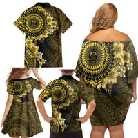 Vanuatu Family Matching Off Shoulder Short Dress and Hawaiian Shirt Hibisus Polynesian Pattern Gold - Polynesian Pride