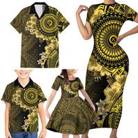 Vanuatu Family Matching Short Sleeve Bodycon Dress and Hawaiian Shirt Hibisus Polynesian Pattern Gold - Polynesian Pride