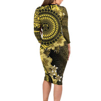 Vanuatu Long Sleeve Bodycon Dress Hibisus Polynesian Pattern Gold - Polynesian Pride