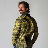Vanuatu Long Sleeve Polo Shirt Hibisus Polynesian Pattern Gold - Polynesian Pride