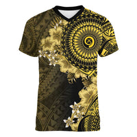 Vanuatu Women V-Neck T-Shirt Hibisus Polynesian Pattern Gold - Polynesian Pride
