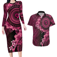 Vanuatu Couples Matching Long Sleeve Bodycon Dress and Hawaiian Shirt Hibisus Polynesian Pattern Pink - Polynesian Pride