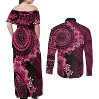 Vanuatu Couples Matching Off Shoulder Maxi Dress and Long Sleeve Button Shirt Hibisus Polynesian Pattern Pink - Polynesian Pride