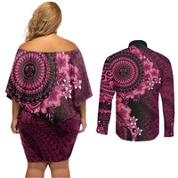 Vanuatu Couples Matching Off Shoulder Short Dress and Long Sleeve Button Shirt Hibisus Polynesian Pattern Pink - Polynesian Pride