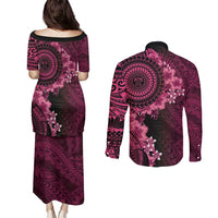 Vanuatu Couples Matching Puletasi and Long Sleeve Button Shirt Hibisus Polynesian Pattern Pink - Polynesian Pride