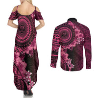 Vanuatu Couples Matching Summer Maxi Dress and Long Sleeve Button Shirt Hibisus Polynesian Pattern Pink - Polynesian Pride