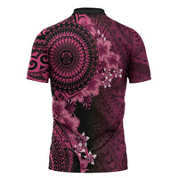 Vanuatu Zipper Polo Shirt Hibisus Polynesian Pattern Pink - Polynesian Pride