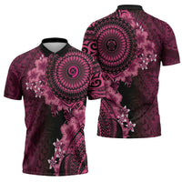 Vanuatu Zipper Polo Shirt Hibisus Polynesian Pattern Pink - Polynesian Pride