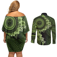 Vanuatu Couples Matching Off Shoulder Short Dress and Long Sleeve Button Shirt Hibisus Polynesian Pattern Green - Polynesian Pride