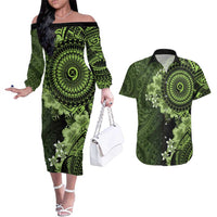 Vanuatu Couples Matching Off The Shoulder Long Sleeve Dress and Hawaiian Shirt Hibisus Polynesian Pattern Green LT14 Green - Polynesian Pride
