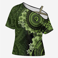 Vanuatu Cross Shoulder Shirt Hibisus Polynesian Pattern Green - Polynesian Pride