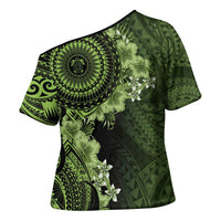 Vanuatu Cross Shoulder Shirt Hibisus Polynesian Pattern Green - Polynesian Pride