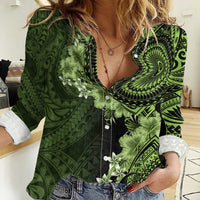 Vanuatu Women Casual Shirt Hibisus Polynesian Pattern Green - Polynesian Pride