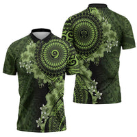 Vanuatu Zipper Polo Shirt Hibisus Polynesian Pattern Green - Polynesian Pride