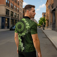 Vanuatu Zipper Polo Shirt Hibisus Polynesian Pattern Green - Polynesian Pride