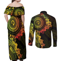 Vanuatu Couples Matching Off Shoulder Maxi Dress and Long Sleeve Button Shirt Hibisus Polynesian Pattern Reggae - Polynesian Pride