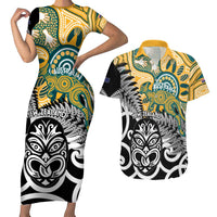 New Zealand Australia Rugby Custom Couples Matching Short Sleeve Bodycon Dress and Hawaiian Shirt Wallabies Aboriginal All Black Maori Tiki Together - Polynesian Pride