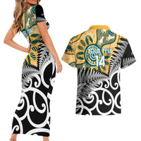 New Zealand Australia Rugby Custom Couples Matching Short Sleeve Bodycon Dress and Hawaiian Shirt Wallabies Aboriginal All Black Maori Tiki Together - Polynesian Pride