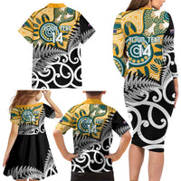 New Zealand Australia Rugby Custom Family Matching Long Sleeve Bodycon Dress and Hawaiian Shirt Wallabies Aboriginal All Black Maori Tiki Together - Polynesian Pride