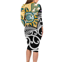 New Zealand Australia Rugby Custom Family Matching Long Sleeve Bodycon Dress and Hawaiian Shirt Wallabies Aboriginal All Black Maori Tiki Together - Polynesian Pride