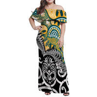 New Zealand Australia Rugby Custom Family Matching Off Shoulder Maxi Dress and Hawaiian Shirt Wallabies Aboriginal All Black Maori Tiki Together - Polynesian Pride