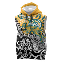New Zealand Australia Rugby Custom Sleeveless Hoodie Wallabies Aboriginal All Black Maori Tiki Together - Polynesian Pride