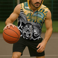 New Zealand Australia Rugby Custom Sleeveless Zip Hoodie Wallabies Aboriginal All Black Maori Tiki Together - Polynesian Pride