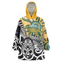 New Zealand Australia Rugby Custom Wearable Blanket Hoodie Wallabies Aboriginal All Black Maori Tiki Together - Polynesian Pride