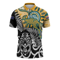 New Zealand Australia Rugby Custom Zipper Polo Shirt Wallabies Aboriginal All Black Maori Tiki Together - Polynesian Pride