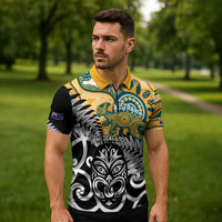 New Zealand Australia Rugby Custom Zipper Polo Shirt Wallabies Aboriginal All Black Maori Tiki Together - Polynesian Pride