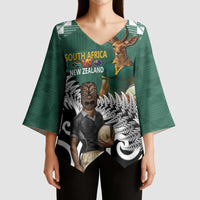 New Zealand South Africa Rugby Custom Kimono Sleeve Blouse Springboks Kente All Black Maori Together - Polynesian Pride