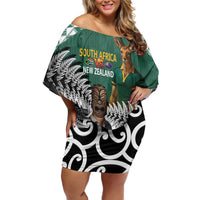 New Zealand South Africa Rugby Custom Off Shoulder Short Dress Springboks Kente All Black Maori Together - Polynesian Pride