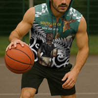 New Zealand South Africa Rugby Custom Sleeveless Zip Hoodie Springboks Kente All Black Maori Together - Polynesian Pride