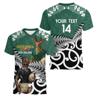New Zealand South Africa Rugby Custom Women V-Neck T-Shirt Springboks Kente All Black Maori Together - Polynesian Pride