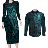 New Zealand Skull Darts Couples Matching Long Sleeve Bodycon Dress and Long Sleeve Button Shirt Aotearoa Maori Chest Tattoo Stylized Teal - Polynesian Pride