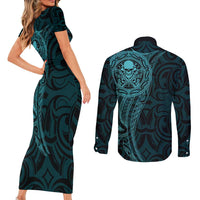 New Zealand Skull Darts Couples Matching Short Sleeve Bodycon Dress and Long Sleeve Button Shirt Aotearoa Maori Chest Tattoo Stylized Teal - Polynesian Pride