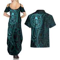 New Zealand Skull Darts Couples Matching Summer Maxi Dress and Hawaiian Shirt Aotearoa Maori Chest Tattoo Stylized Teal - Polynesian Pride