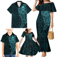 New Zealand Skull Darts Family Matching Mermaid Dress and Hawaiian Shirt Aotearoa Maori Chest Tattoo Stylized Teal - Polynesian Pride